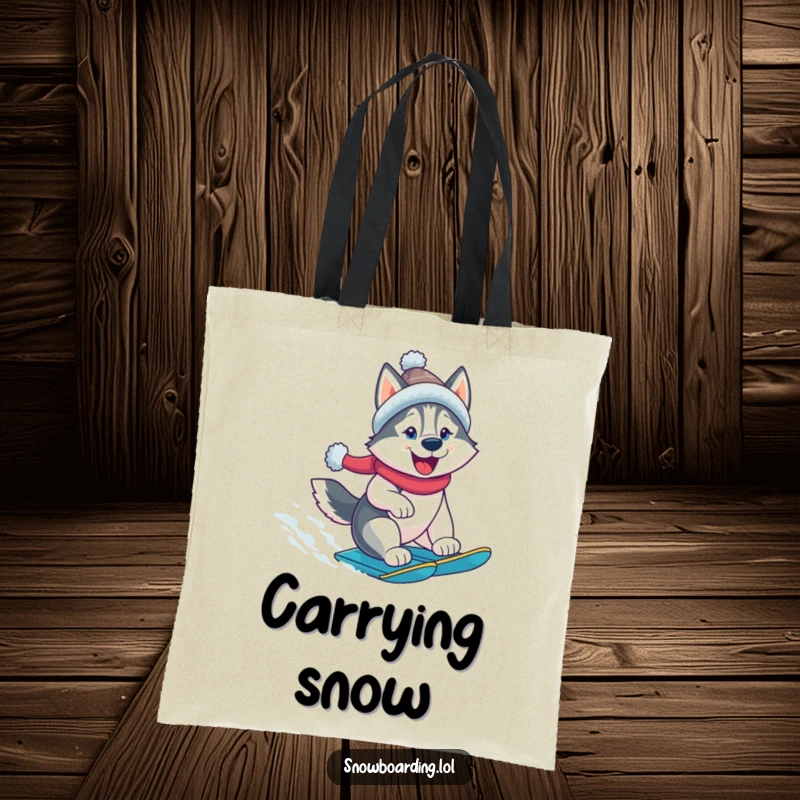 Funny husky tote bag, a cheerful dog on a snowboard, ready for winter fun. A roomy and humorous bag.