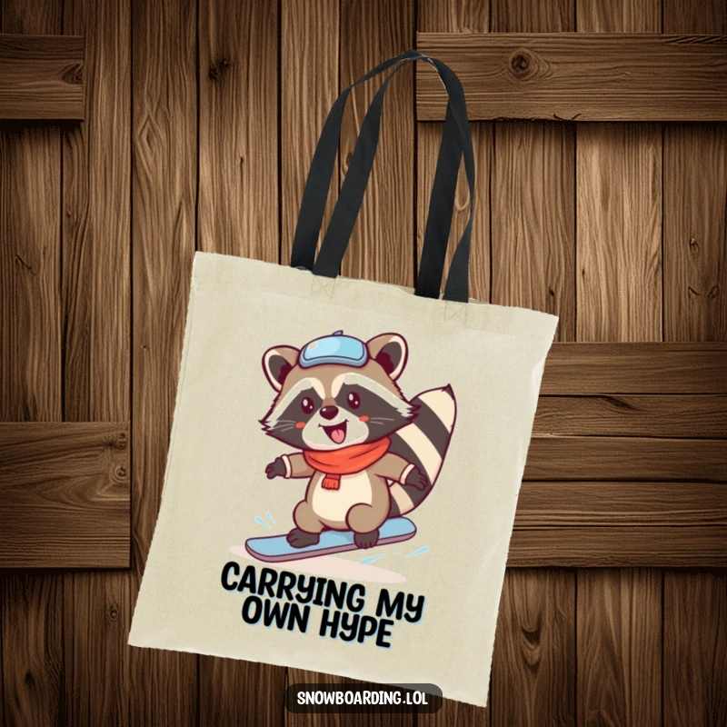 Funny Raccoon Tote Bag with a delightful snowboard spin, perfect for carrying essentials with a dose of winter humor.