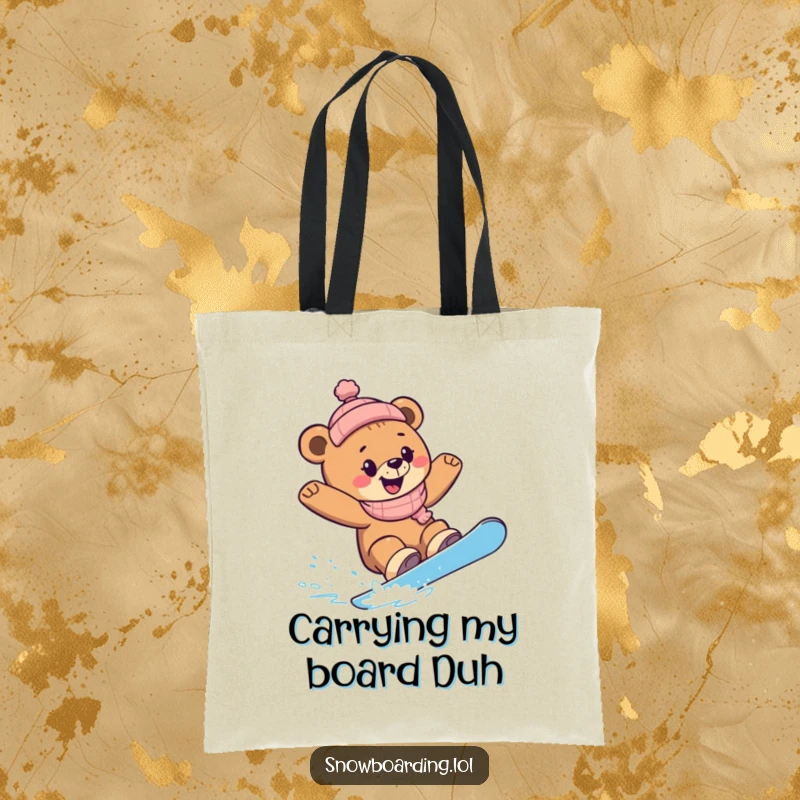 Funny Snowboard Bear Cub Tote Bag: A happy bear cub confidently snowboarding, carving sharp turns with immense glee.