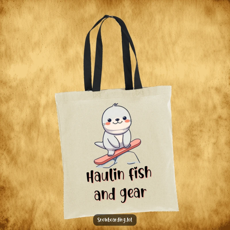 Funny seal precariously balanced on a snowboard, ready for a hilarious adventure, a functional and funny tote.