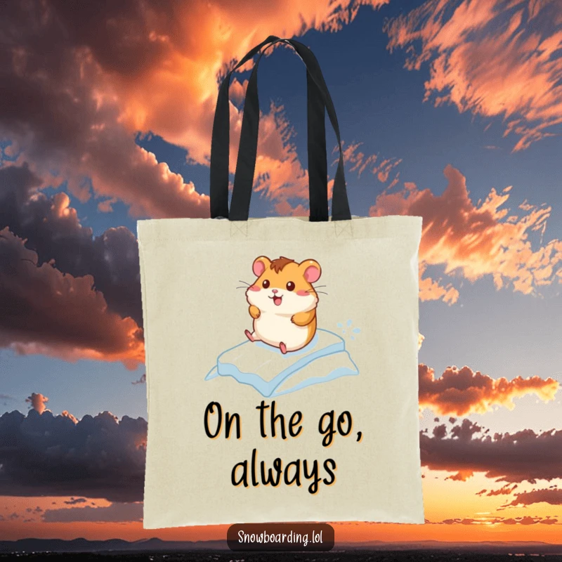 Funny tote bag with a cheerful hamster racing down a small icy incline, a practical accessory for carrying items with speedy humor.